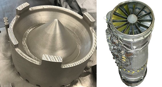 Cobalt-chrome sump cover 3D-printed by GE Aviation on the Concept Laser M2 machine (left) and GE Aviation F110 engine (right)